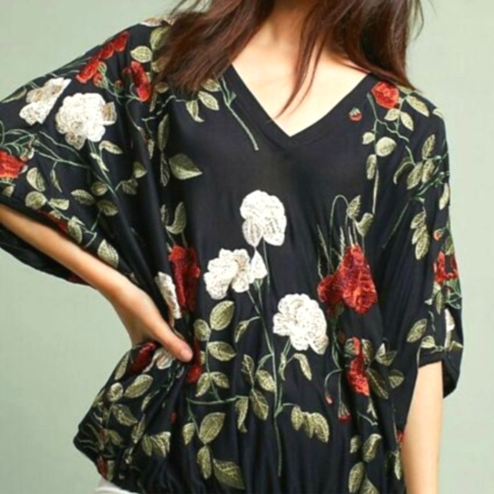 Akemi + Kin Anthro Black V-Neck Blouse Embroidered Red & White Flowers- XS/S